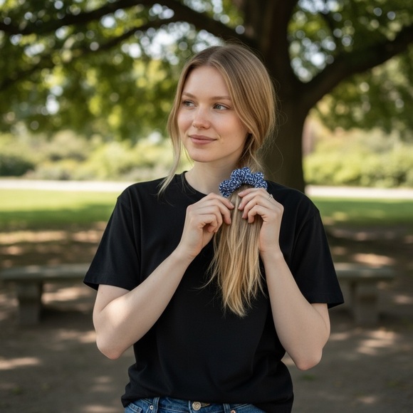 3/$12 Elegant Blue and White Crochet Hair Scrunchie - Picture 4 of 7